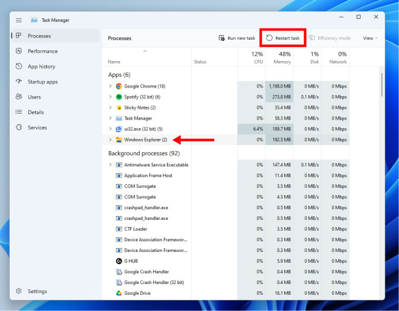 windows 11 restart windows explorer task manager